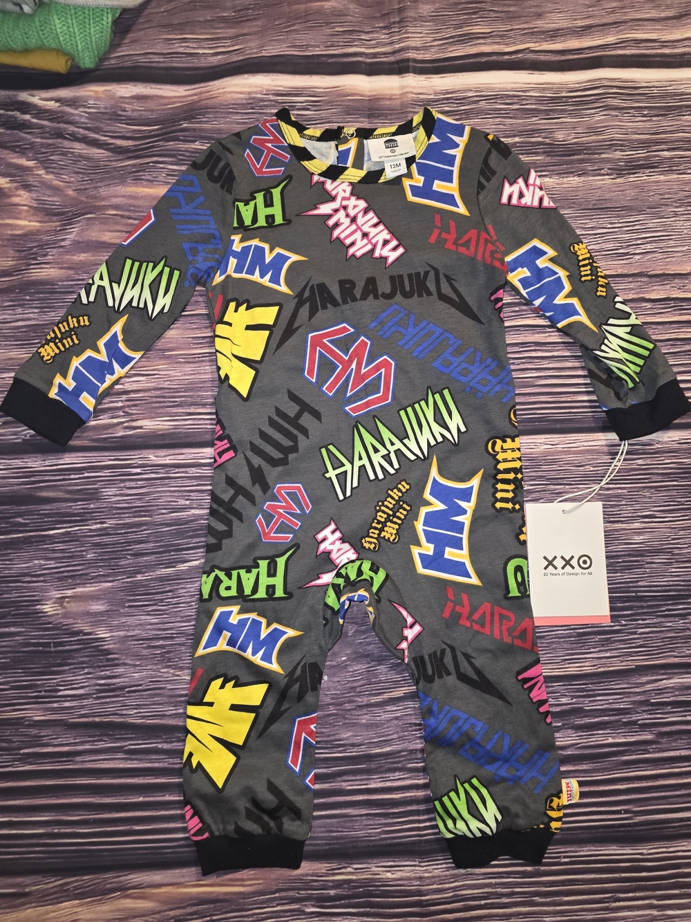 Harajuku Lovers Grey Kids Graphic One-Piece Bodysuit with Multicolor Logos